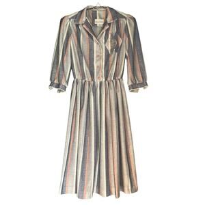 Vintage 70s Retro Rockabilly Dress Size Medium Pink Gray Stripe Day Fit & Flare